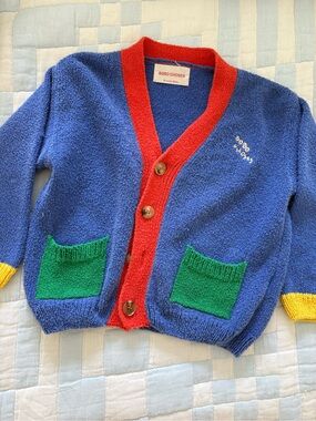Bobo Choses Blue Cardigan with Red Trim and Green Pockets